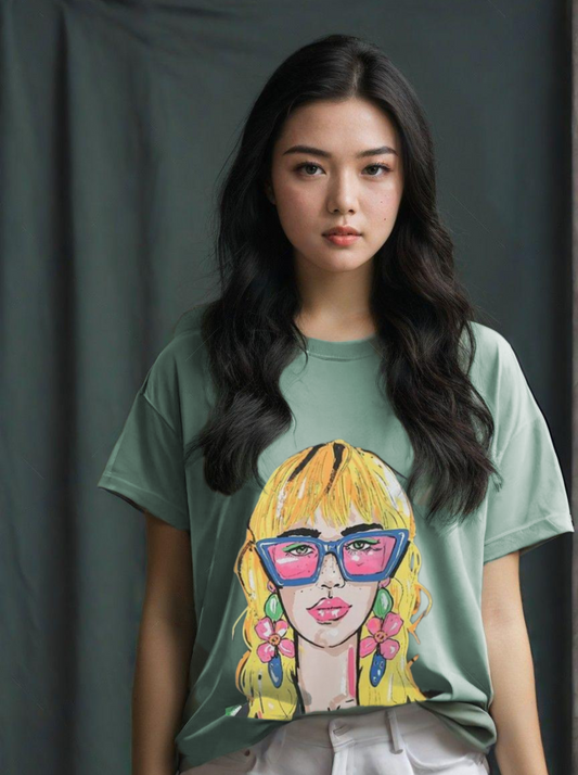 Women Oversized Skeptic Green T-shirt - Face