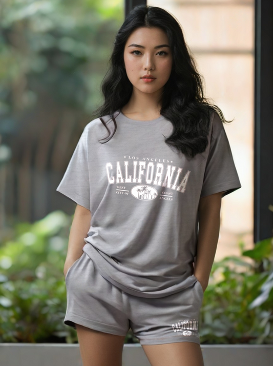 Women light grey cotton oversize women  co-ord set -California Dreams