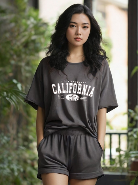 Women Dark grey Cotton Oversize graphic co-ord set - California Dreams