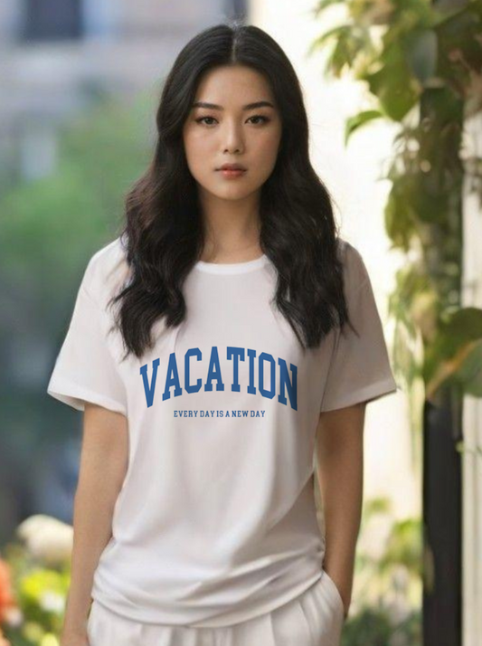 Vacation-Oversized White Women Cotton Tshirt