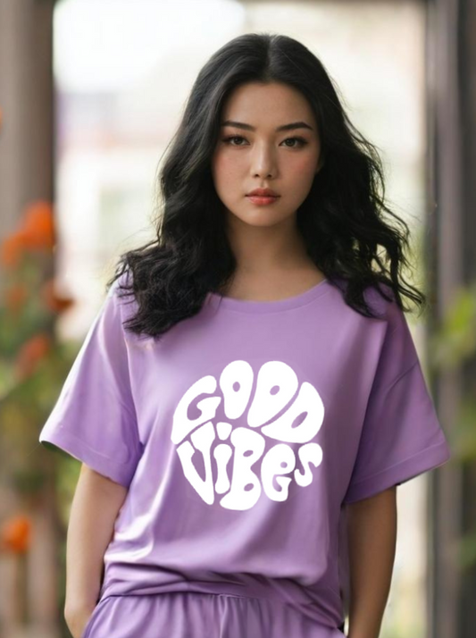 Good Vibes - Oversized Lavender Women Cotton Tshirt