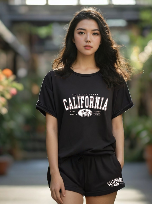 Women Black Cotton Oversize graphic Co-ord set- California Dreams