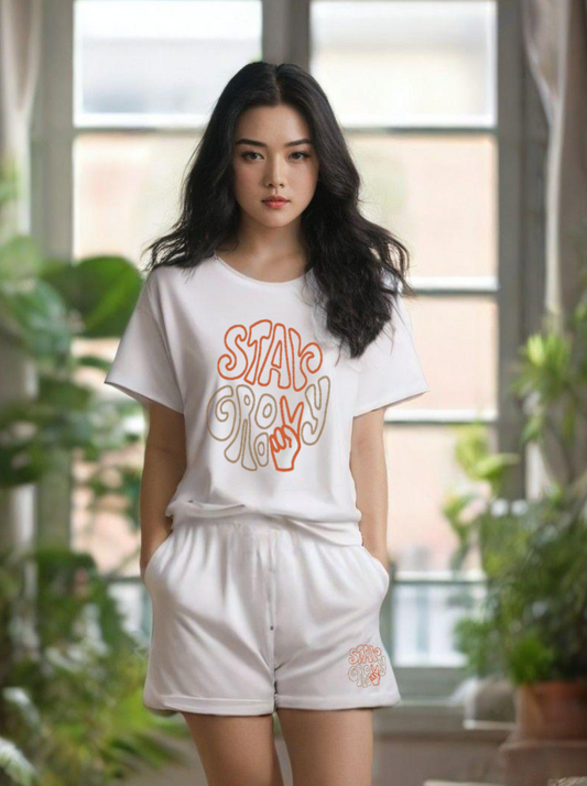 Women White Cotton oversize graphic co-ord set- Stay groovy