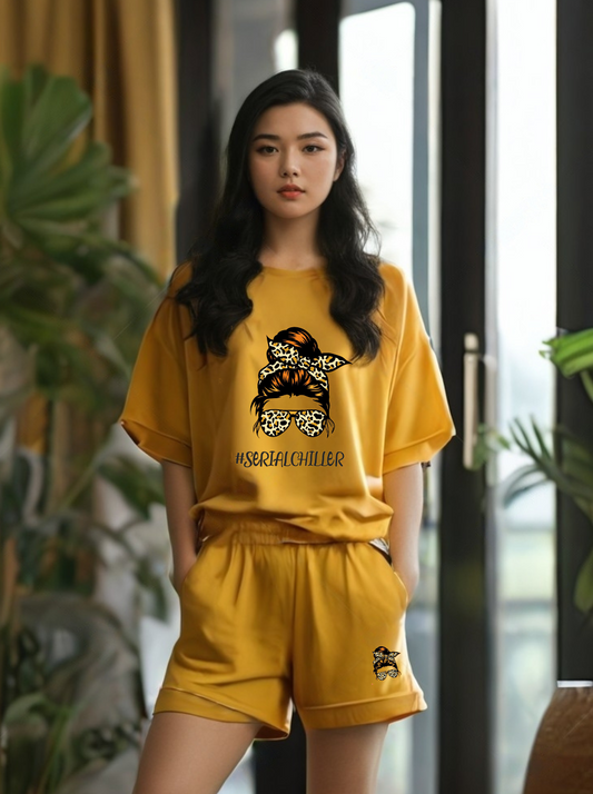 Women Mustard Cotton Oversize graphic co-ord set - The Serial Chiller
